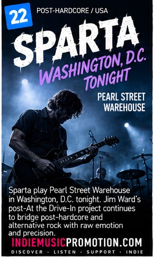 Jim Ward of Sparta playing electric guitar on a dark atmospheric stage at Pearl Street Warehouse.