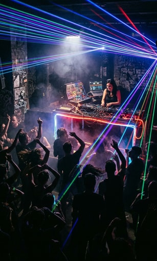 Underground electronic music club with vibrant lasers and DJ booth for fast trance-techno.