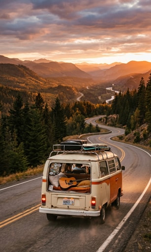 Vintage camper van winding along a mountain highway at sunset representing the full indie listening journey.