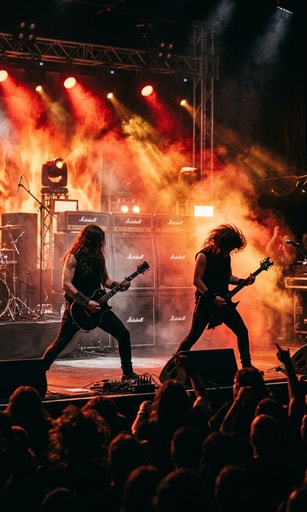 Heavy metal guitarists performing on a smoky stage with amplifier stacks and fiery red backlighting.