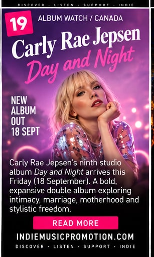 Carly Rae Jepsen resting chin on hand against twilight magenta neon concert lights.