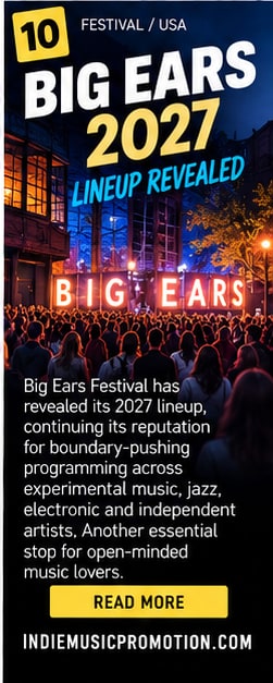 Crowd gathered before the luminous Big Ears neon installation at night in Knoxville.