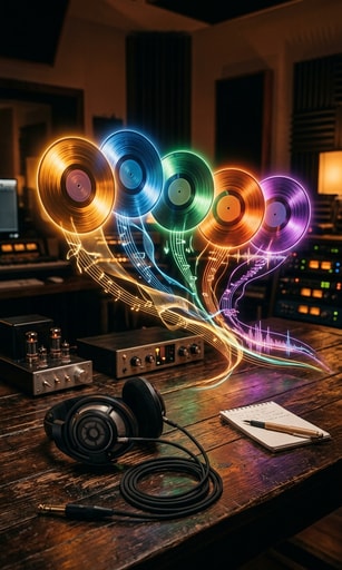 Five glowing vinyl records floating over a studio desk with headphones representing today's essential discoveries.