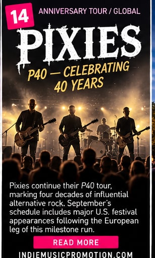 Pixies performing on festival stage with dramatic golden backlighting for 40th anniversary tour.