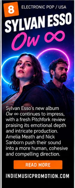 Amelia Meath and Nick Sanborn of Sylvan Esso framed by glowing neon infinity loops.