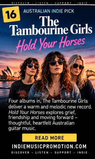 The Tambourine Girls band members in sunglasses against Sydney Harbour sunset backdrop.