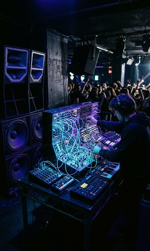 Electronic artist performing live with modular synthesizers and speaker stacks in a dark club.