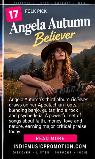 Angela Autumn seated in an Appalachian meadow with acoustic guitar in evening light.