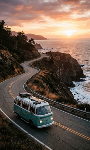 Vintage camper van driving along a winding coastal highway at golden sunset for the full indie journey.