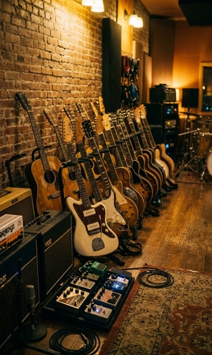 Row of vintage acoustic and electric guitars with amplifiers and pedalboard in a warm studio.