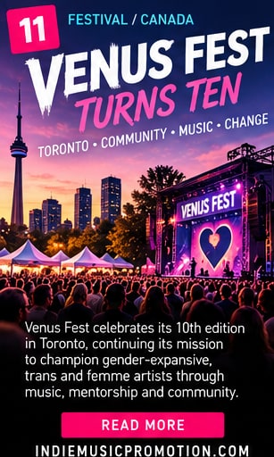 Crowd watching sunset performance on the Venus Fest stage with CN Tower skyline in Toronto.