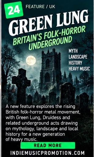 Ancient church tower and moonlit cemetery graveyard for Green Lung folk-horror feature.