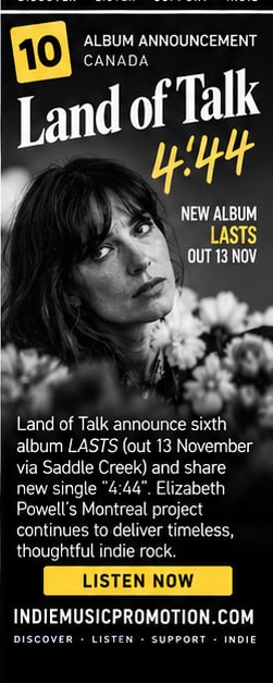 Black and white portrait of Elizabeth Powell among flowers for Land of Talk album announcement.