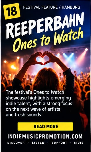 Concert fan making a heart hands gesture before an illuminated festival stage at Reeperbahn.