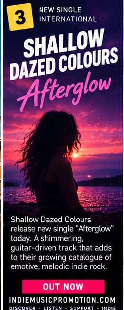 Silhouette of guitarist against dramatic purple sunset over ocean for Afterglow single.