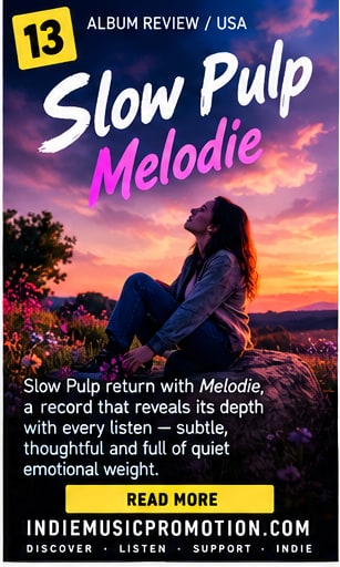 Woman seated on boulder in wildflower meadow during golden hour for Slow Pulp Melodie review.