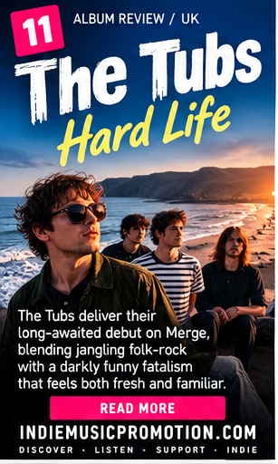 The Tubs band members sitting on rocky coastline at sunset for Hard Life review.