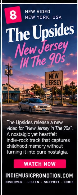 Vintage car parked near New Jersey highway sign at twilight for The Upsides video release.