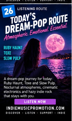 Person sitting by calm sea under glowing pink full moon for Dream-Pop Route.