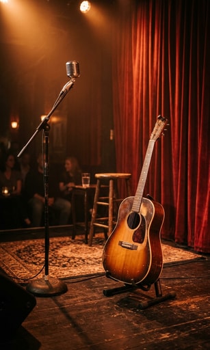 Intimate solo acoustic stage with vintage microphone and warm amber stage lighting for Caroline Rose Australian tour.