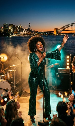 Retro soul singer performing against the Sydney Harbour skyline at dusk for Leon Bridges Australian tour announcement.