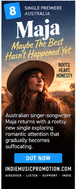 Maja singer-songwriter portrait with alt-country aesthetic and vintage guitar.