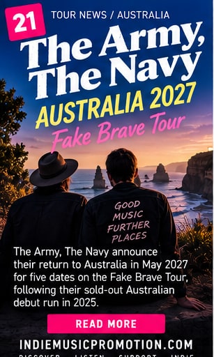 Two band members sitting together overlooking ocean headlands for Fake Brave Tour Australia.