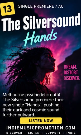 Dark psychedelic rock band silhouettes surrounded by swirling cosmic lights for Hands.