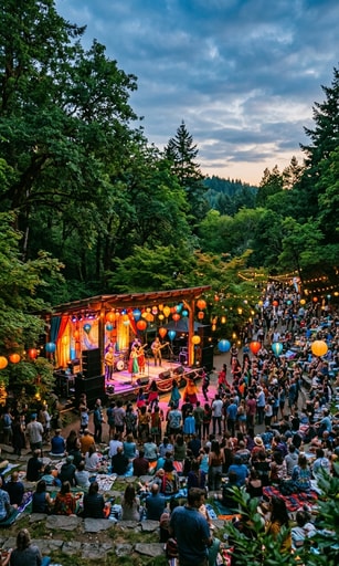 Outdoor festival stage surrounded by lush parkland trees and illuminated lanterns for WOMAD Aotearoa 2027 lineup announcement.