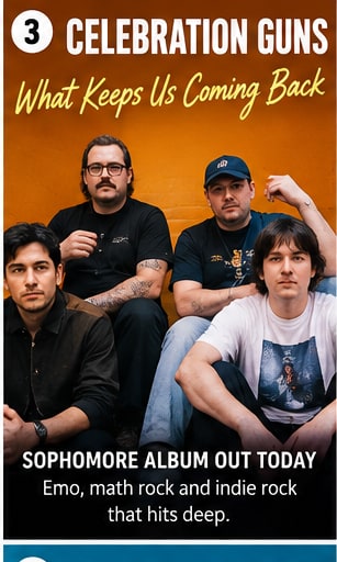 Celebration Guns band portrait against orange wall for What Keeps Us Coming Back album.