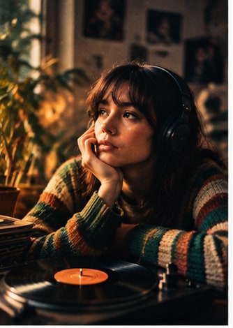 Music creator with headphones leaning over vinyl record player in warm studio.