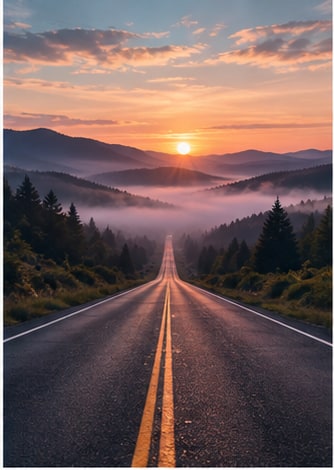 Open highway leading toward mountain sunrise in the morning mist for Kora Festival.