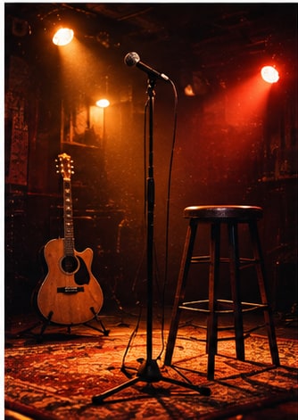 Acoustic guitar, stool, and microphone under warm club spotlights for Martin Luke Brown.