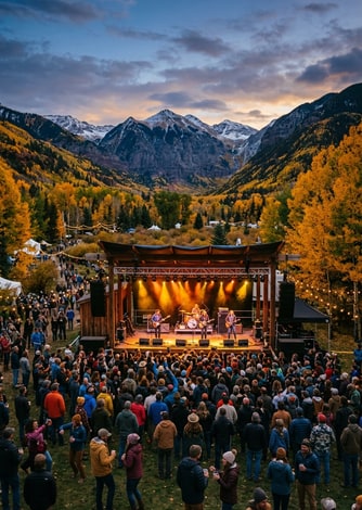 Outdoor festival stage nestled in Rocky Mountains park with vibrant autumn trees and festival crowd under twilight skies.