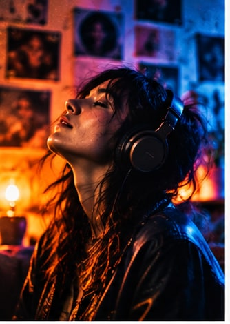 Electronic artist wearing over-ear headphones in ambient bedroom studio surrounded by vinyl record sleeves.