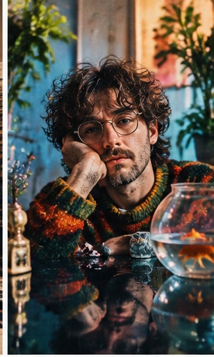 Andrew Jim Gannon resting head on hand in studio beside goldfish bowl wearing vibrant patterned knitwear.