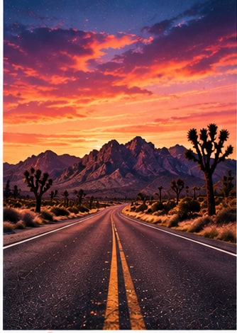Desert highway stretching through Joshua trees toward New Mexico mountains under vibrant orange sunset.
