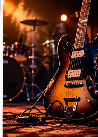 Vintage electric guitar resting against amplifier on stage with drum kit in warm amber club lights.