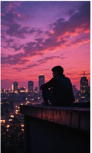 Silhouette perched on rooftop ledge overlooking city skyline illuminated by vibrant pink and violet sunset.