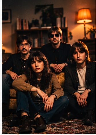 Montreal dream-pop band Bodywash members gathered in warm living room studio setting with vintage lamp.
