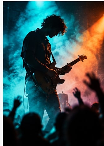 Surf-rock guitarist rocking out on stage with electric guitar in atmospheric teal and amber concert smoke.