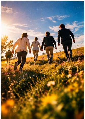 Musicians walking through sunlit meadow with wildflowers toward the horizon under golden hour sunshine.