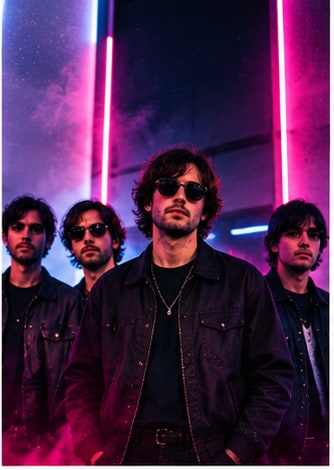 Fontaines D.C. rock quartet in dark leather jackets illuminated by atmospheric vertical neon tube lighting.