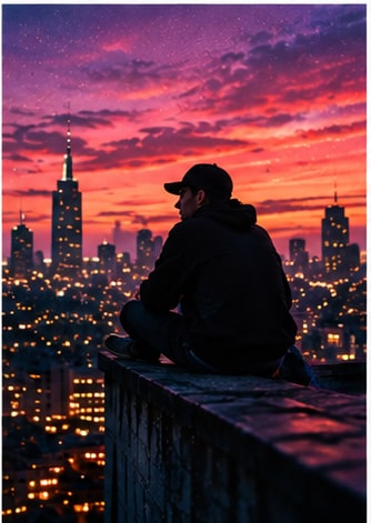 Nocturnal rooftop silhouette overlooking vast city lights under purple twilight for darkwave duo Ghostbells.
