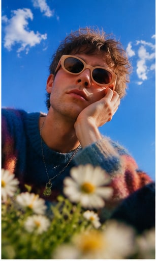 Gus Dapperton wearing retro sunglasses and colourful knitted sweater looking up against blue sky and white daisies.