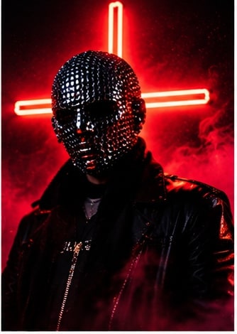 Electronic performer in studded mirror mask before vivid red neon cross symbolizing underground techno festival.