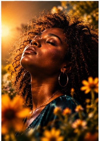 Berlin singer-songwriter JILIAAN tilting head toward golden sunlight surrounded by blooming yellow flowers.