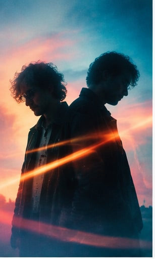 British electronic duo JOY (Anonymous) silhouetted against twilight sky with radiant light trails.