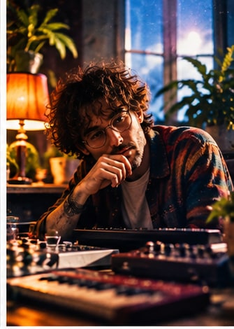 Montreal electronic artist Billy Riley of Perfect Outfit surrounded by synthesizers and drum machines in dimly lit studio.