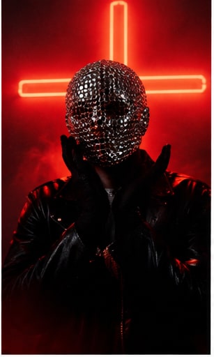 Priest electronic band member wearing studded disco-ball mirror mask in front of glowing red neon cross.